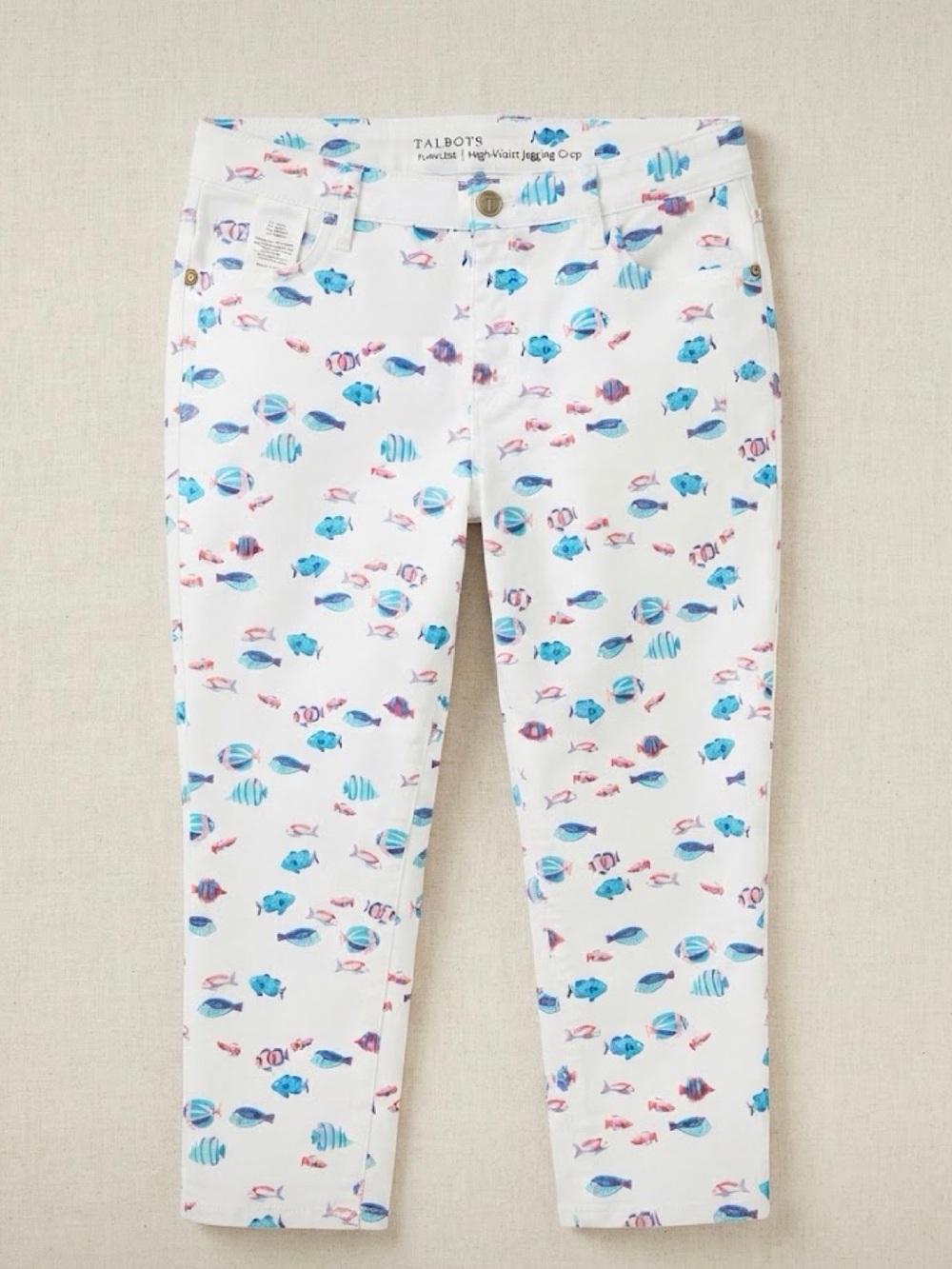 Talbots Flawless High-Waist Fish Print Jegging Crop Pants Sz 14W Fun Ocean 🐠